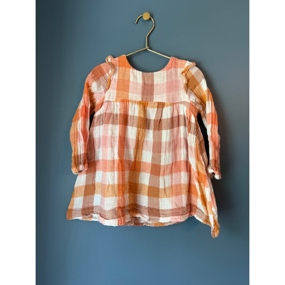 Tullabee Girls 2T Orange Pink Plaid Gauze Long Sleeve Ruffle Empire Waist Dress